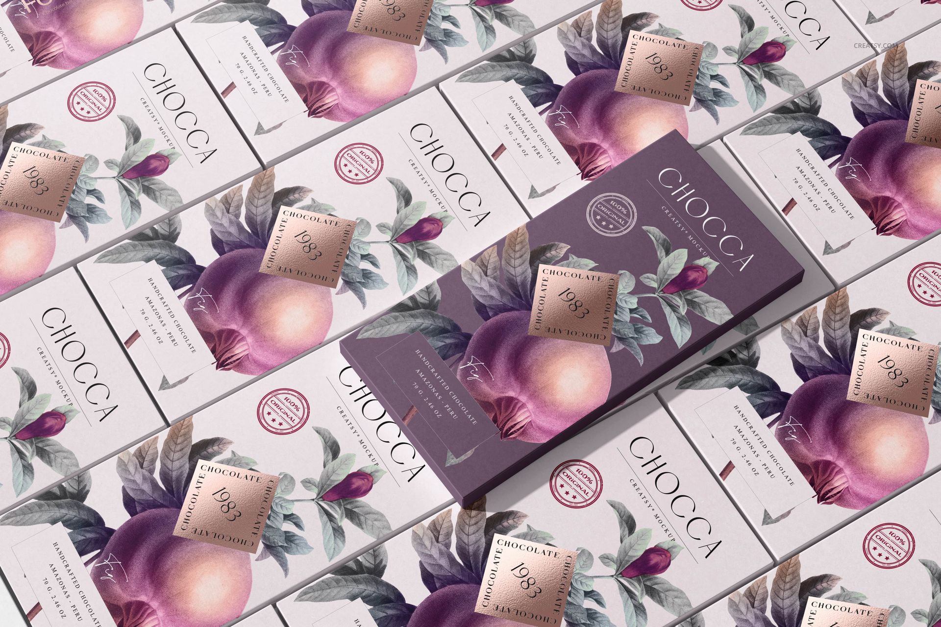 Chocolate bar packaging mockup featuring a purple floral design and gold foil stamp, shown in a diagonal layout.