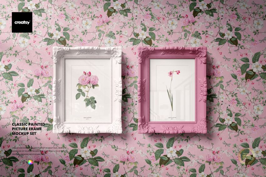 Classic painted picture frame mockup showing white and pink frames with floral artwork on a pink flower wallpaper background.