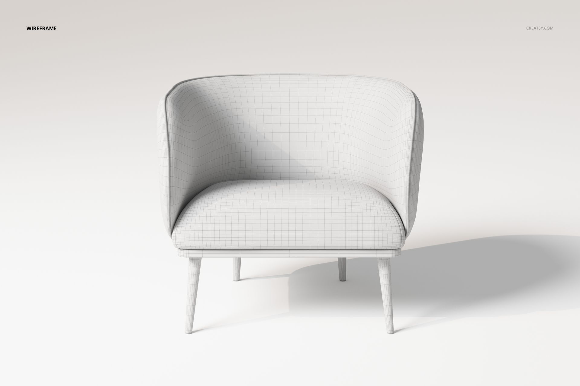 Scandinavian style armchair with curved backrest and seat, shown in white wireframe from a front view on a plain background.