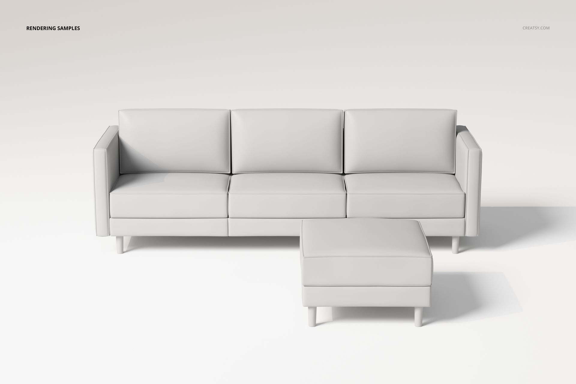 Three-seater sofa with matching ottoman in light gray color, viewed from the front on a plain background.