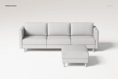 Three-seater sofa with matching ottoman in light gray color, viewed from the front on a plain background.