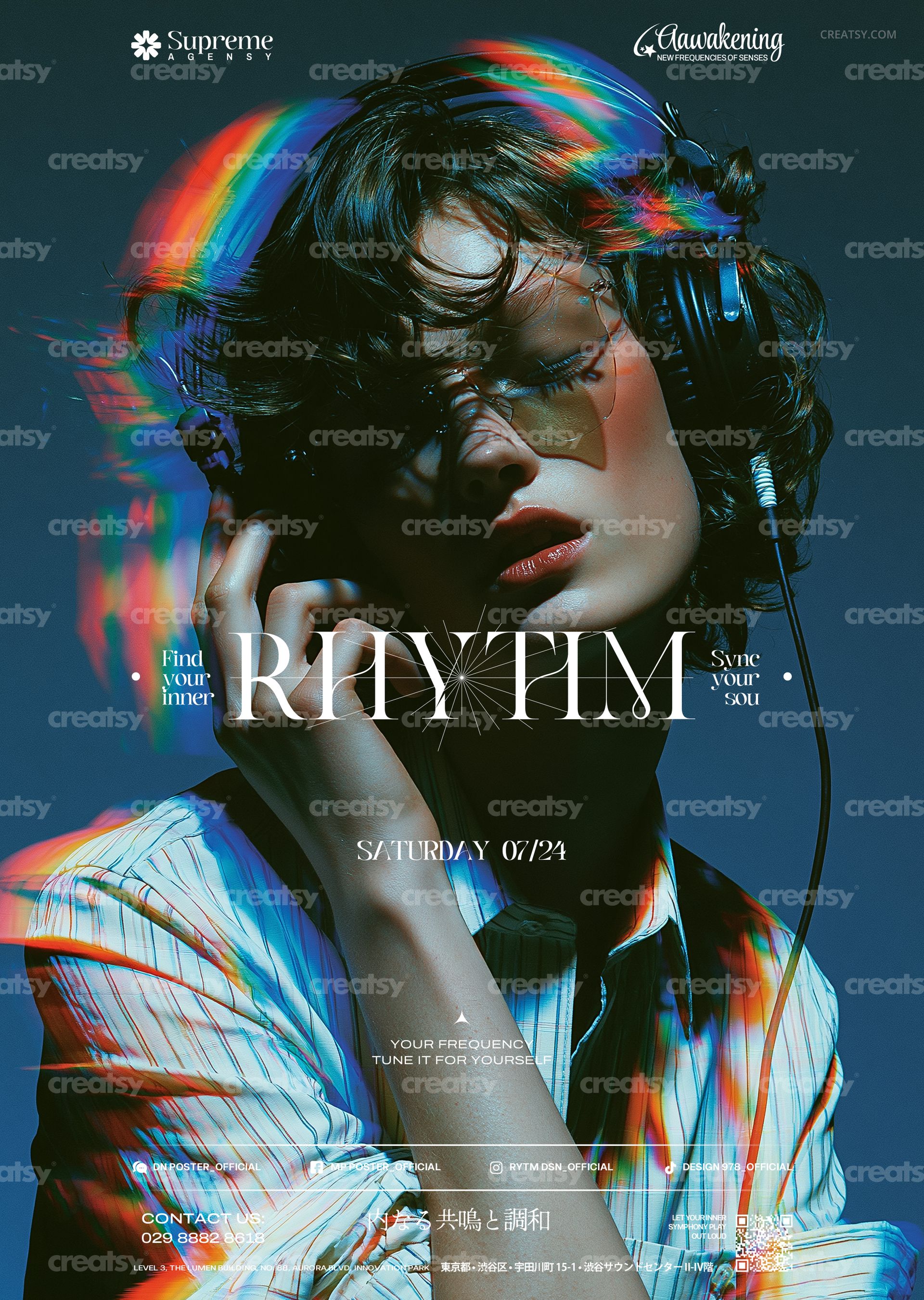 PSD mockup poster showing a close-up of a woman wearing headphones with rainbow light streaks and text elements.