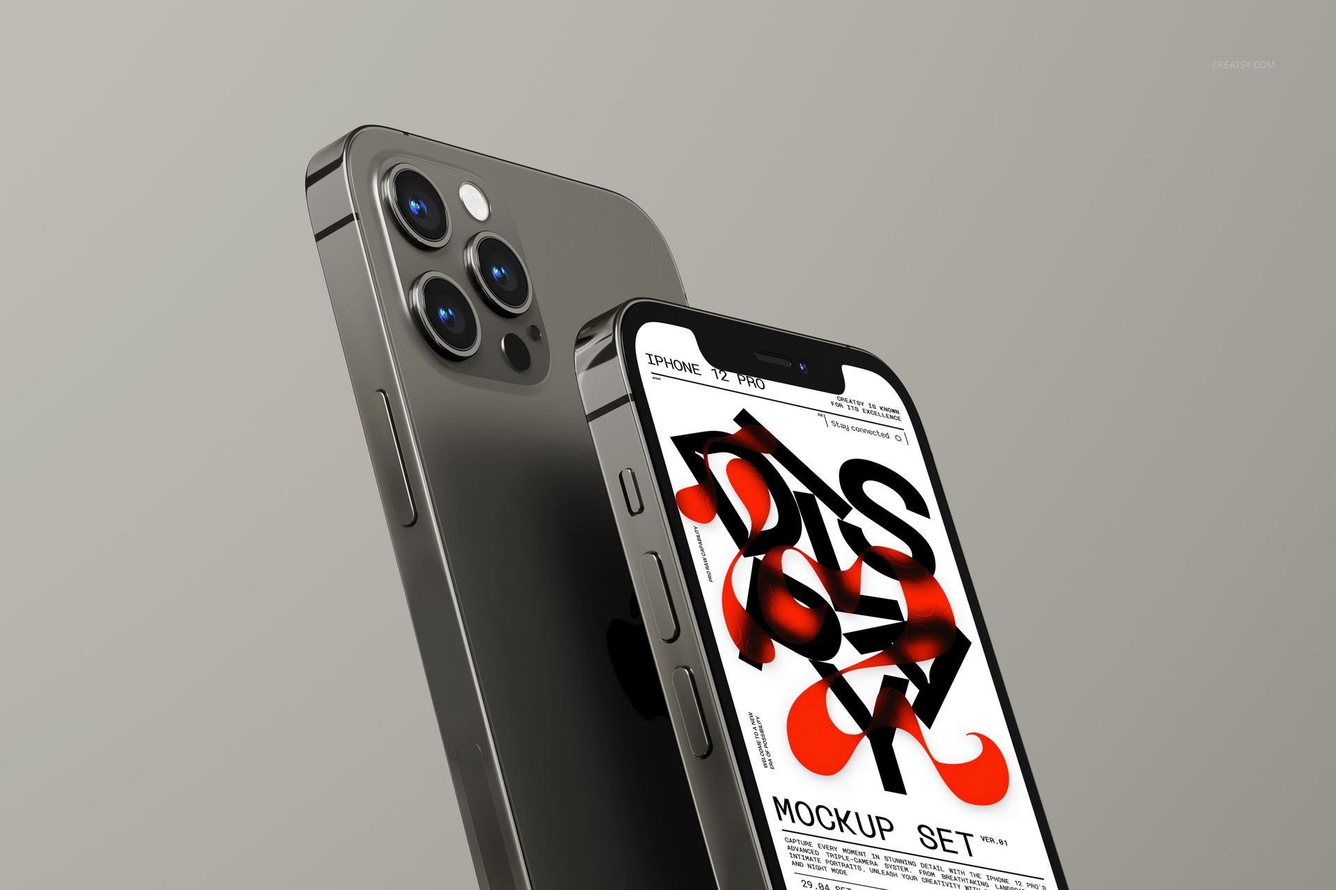 Two iPhone 12 Pro devices in a PSD mockup, one showing a colorful abstract screen, both in a side-by-side view.