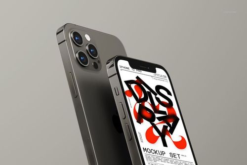 Two iPhone 12 Pro devices in a PSD mockup, one showing a colorful abstract screen, both in a side-by-side view.