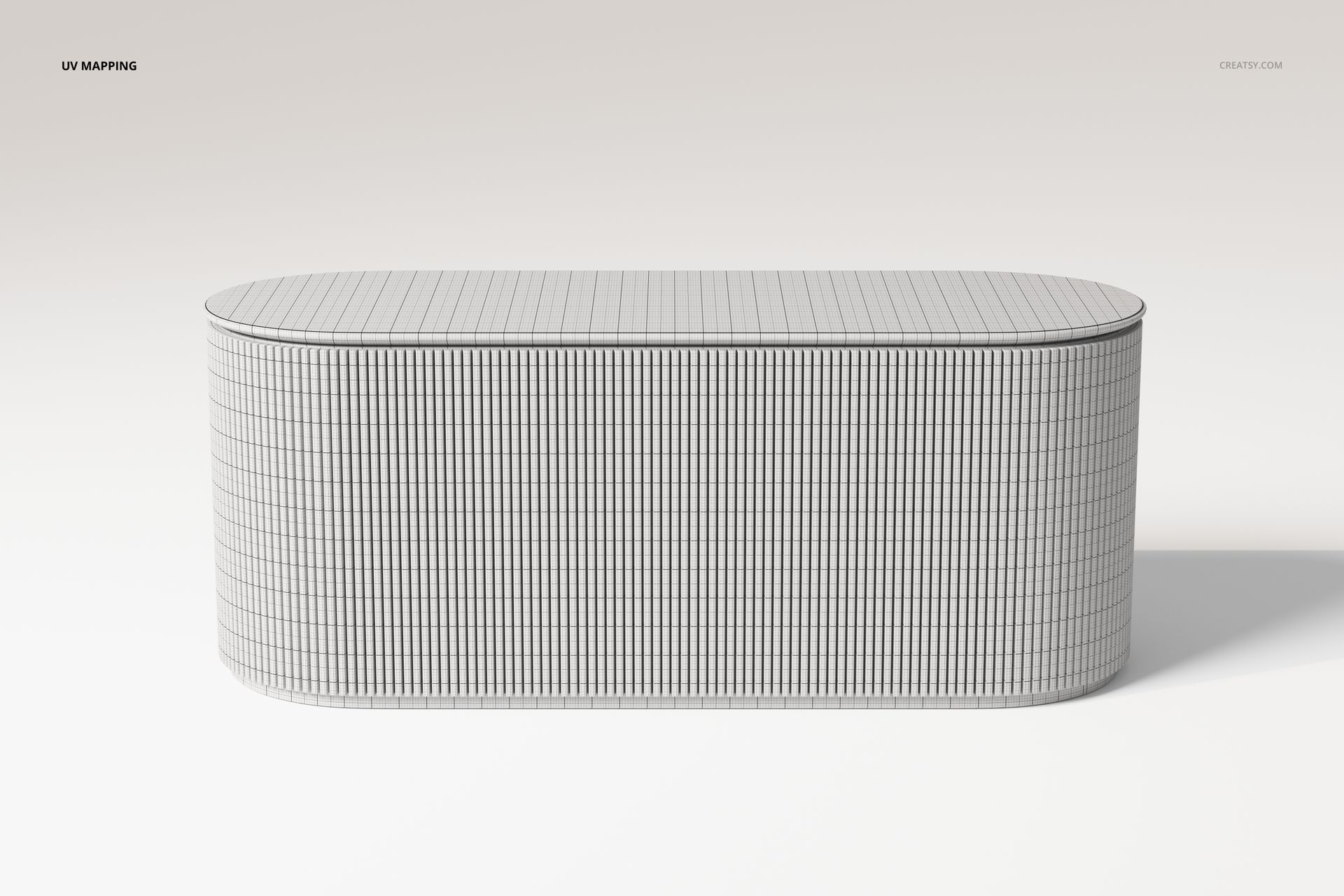 Oval-shaped bar cabinet with vertical line texture, shown from a front view on a plain light background.