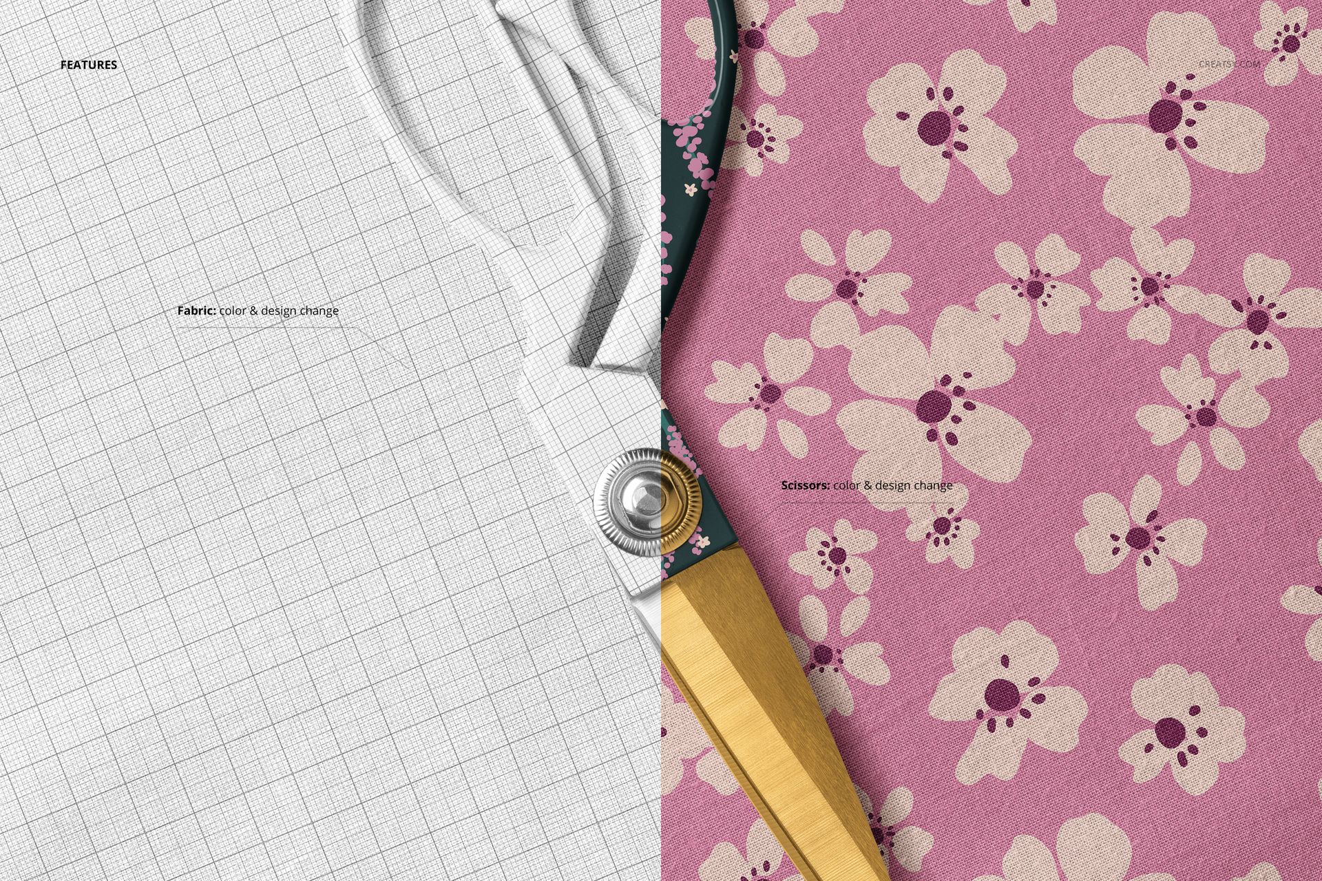 Cotton fabric mockup featuring a pair of scissors, with half the fabric in floral pink pattern and half in grid design.