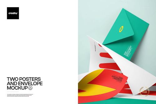 Stationery PSD mockup featuring two graphic posters and a closed teal envelope, displayed in a minimal scene.
