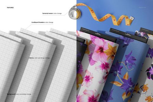 Fabric bolts mockup on a split background, highlighting editable grid and floral fabric designs with measuring tape nearby.