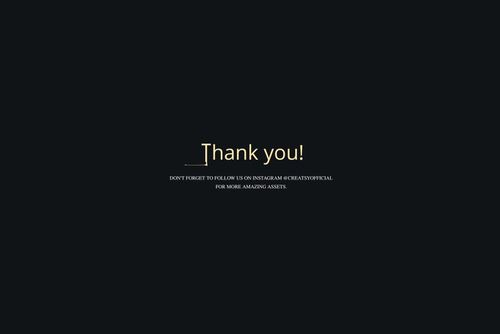 Centered gold 'Thank you!' text on a dark background, with smaller white text below mentioning Instagram and creative assets.