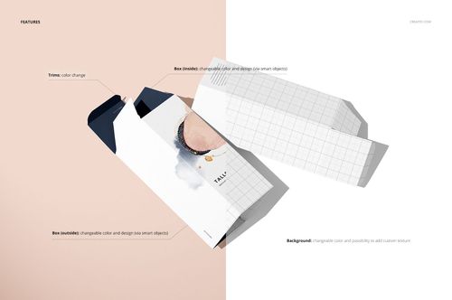 Tall rectangular box packaging mockup shown in a top view, with one box open to reveal interior grid pattern.