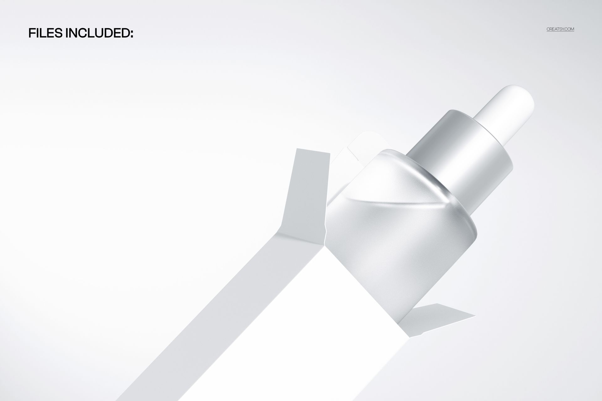 Silver serum bottle with dropper emerging from an open white carton, shown in a clean, minimalistic mockup scene.