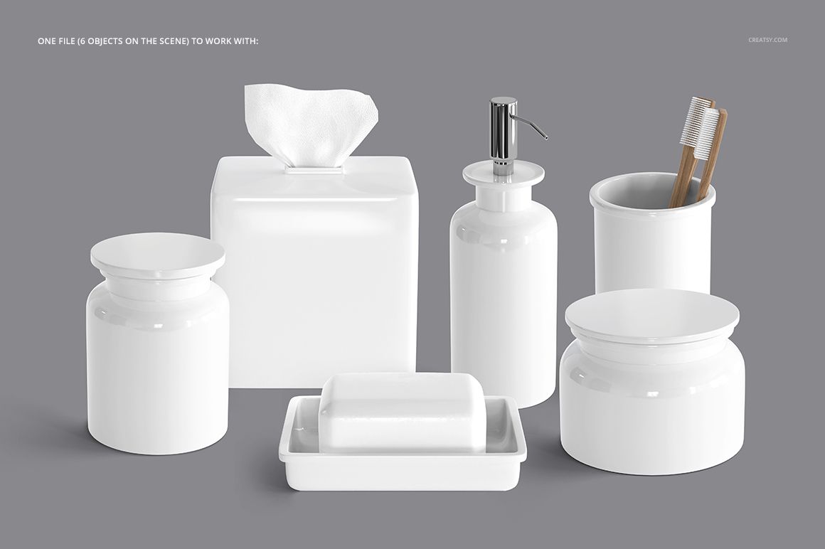PSD mockup of bathroom accessories in glossy white finish, showing containers, soap dish, and toothbrush holder.