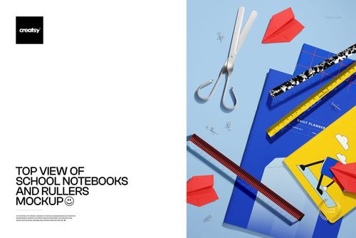 PSD mockup featuring school notebooks, rulers, and scissors in a top view layout with red paper planes.