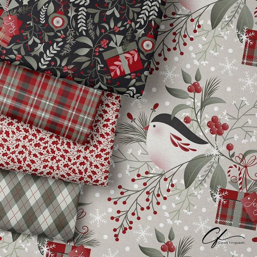 Folded fabrics mockup featuring holiday-themed patterns, including plaid, gift boxes, berries, and a bird on a light background.