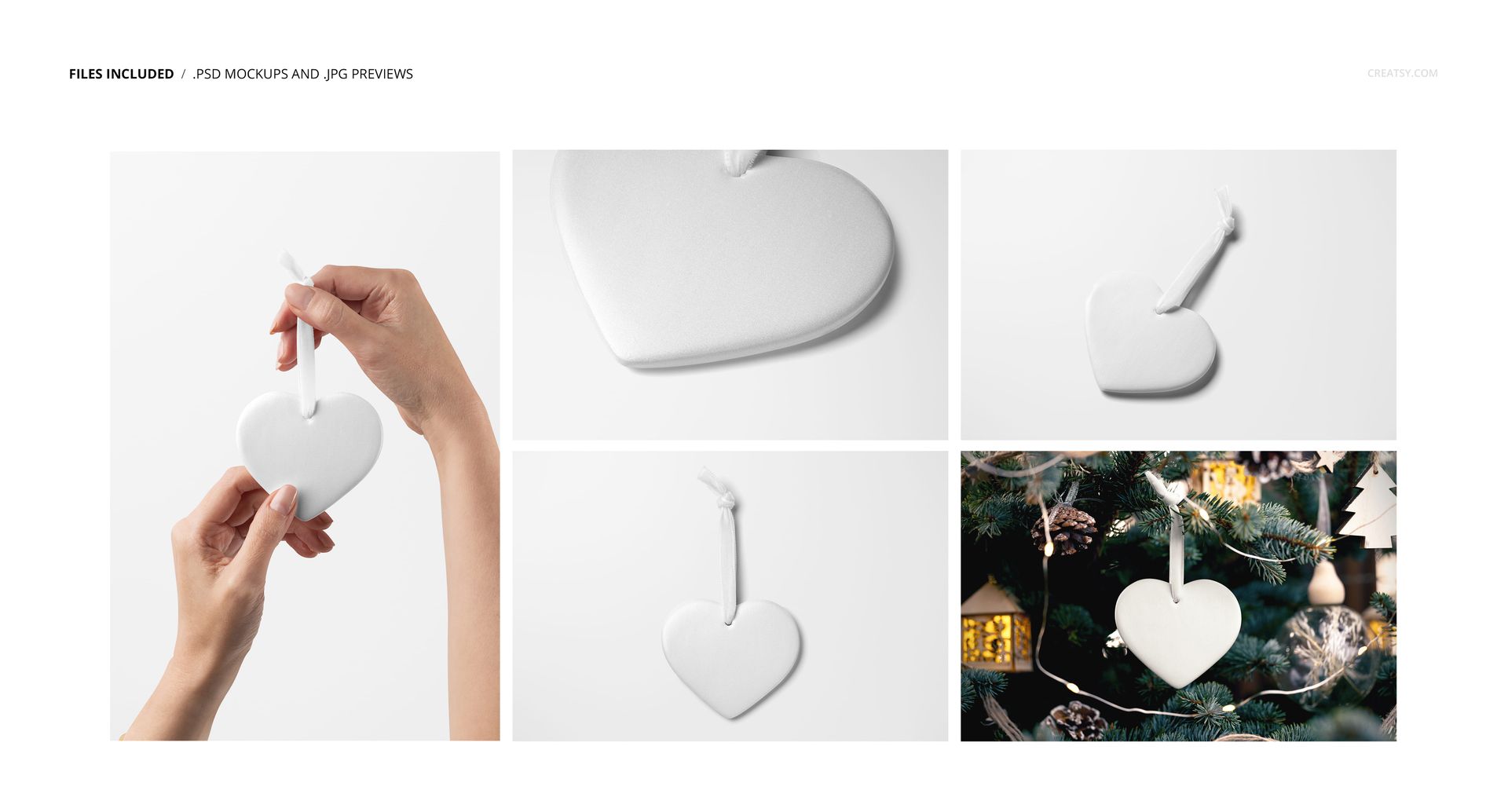 Heart-shaped Christmas ornament mockup set featuring white ceramic ornaments shown from various angles and on a tree.