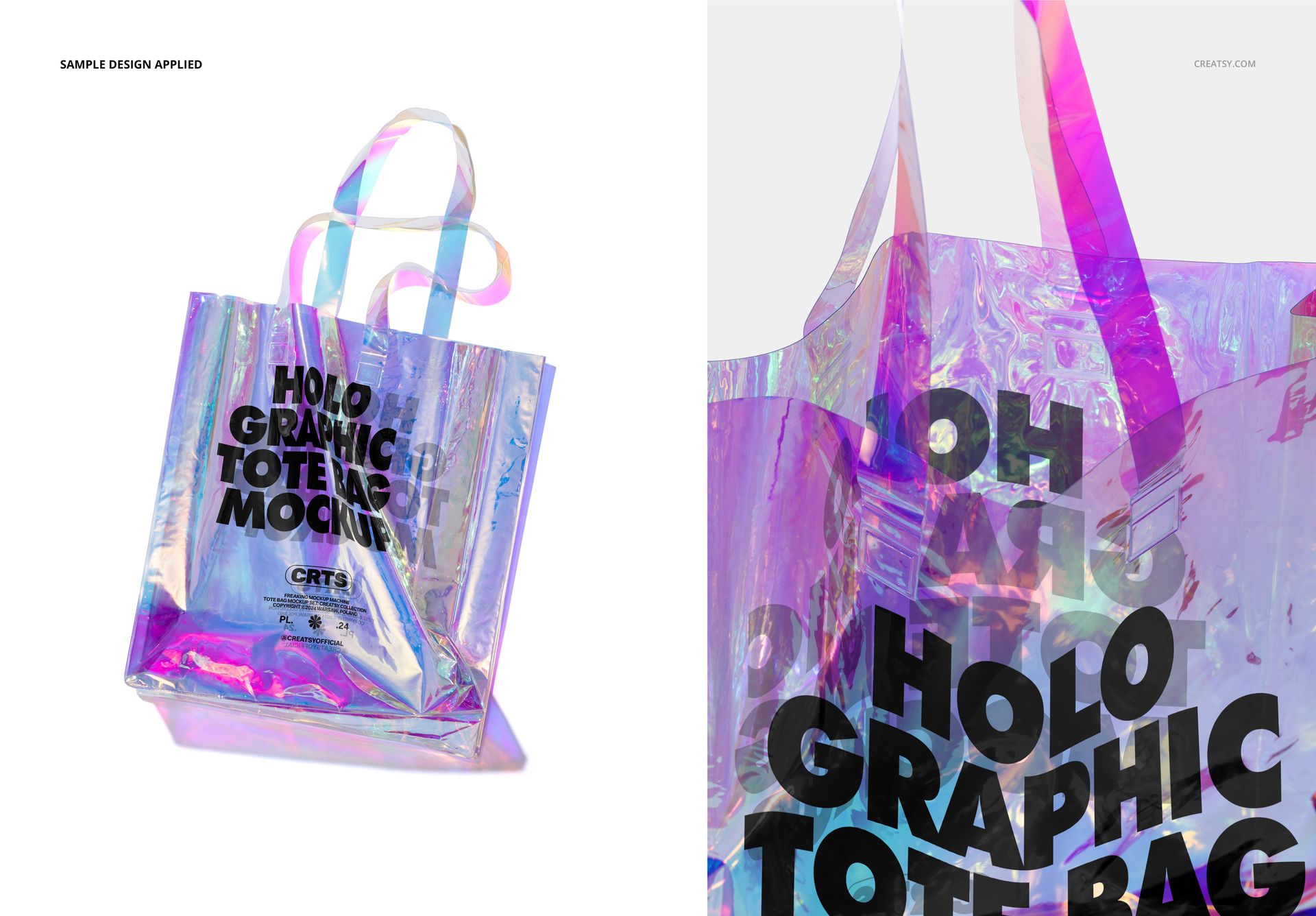 Front view of a holographic tote bag mockup with iridescent colors and bold black typography on a white surface.