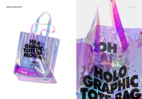 Front view of a holographic tote bag mockup with iridescent colors and bold black typography on a white surface.