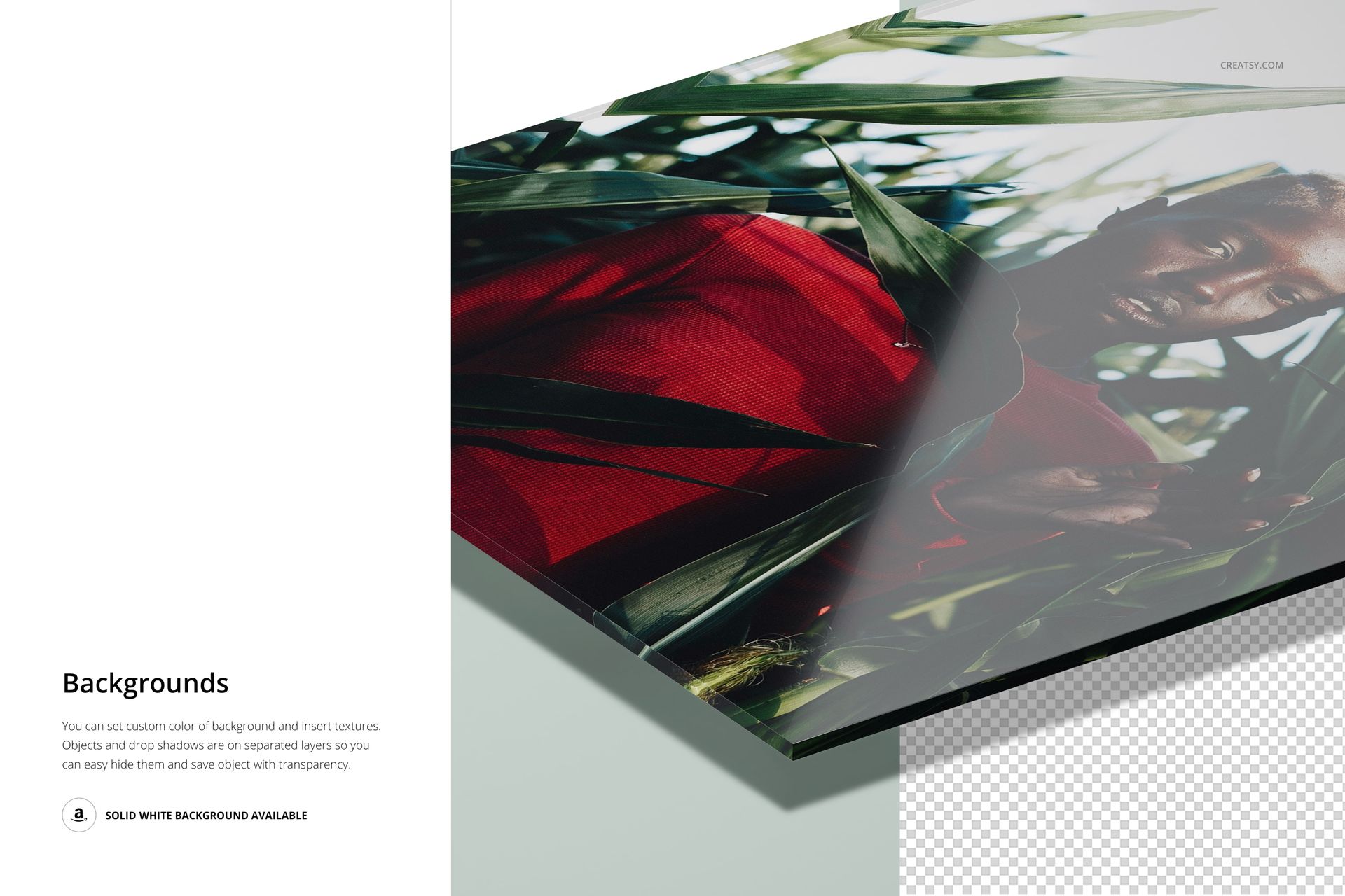 Detailed closeup of an acrylic glass print mockup showing a glossy finish and a vivid image with green foliage.
