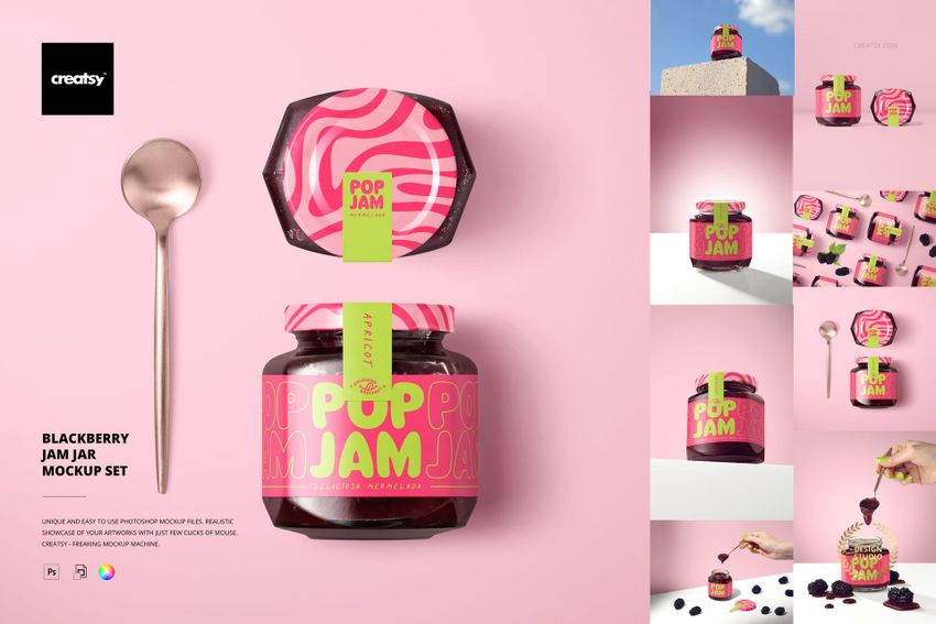 Blackberry jam jar mockup with vibrant pink and green packaging, displayed with a spoon on a soft pink surface.