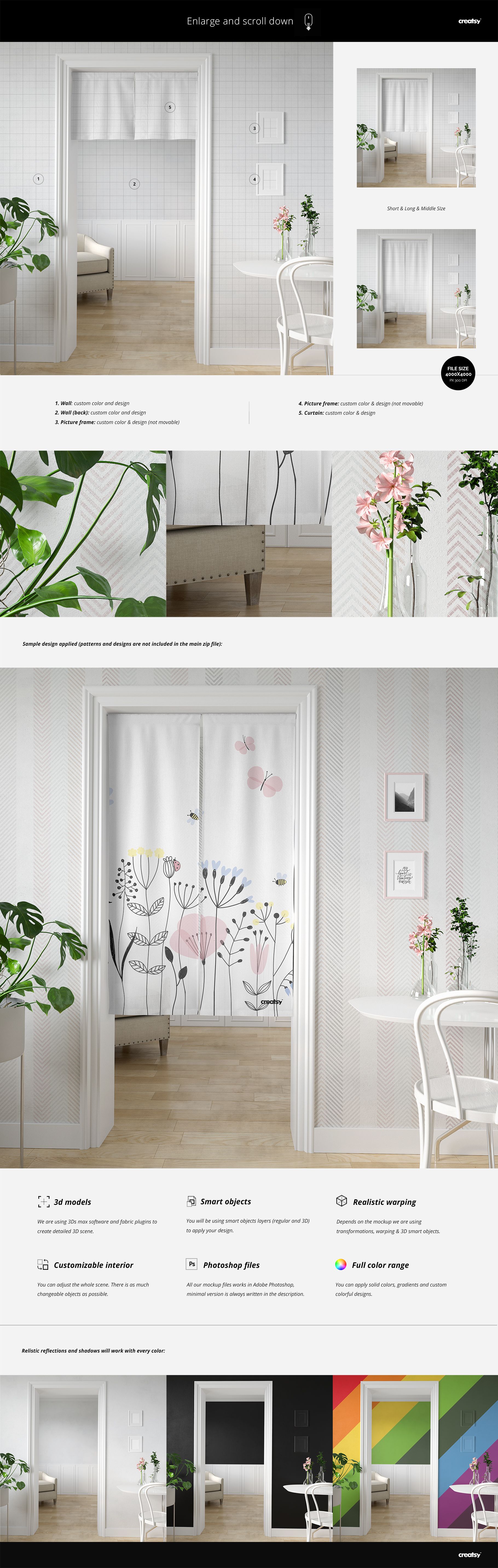 Front view of a Japanese style door curtain mockup featuring colorful flowers, set in a modern home interior.