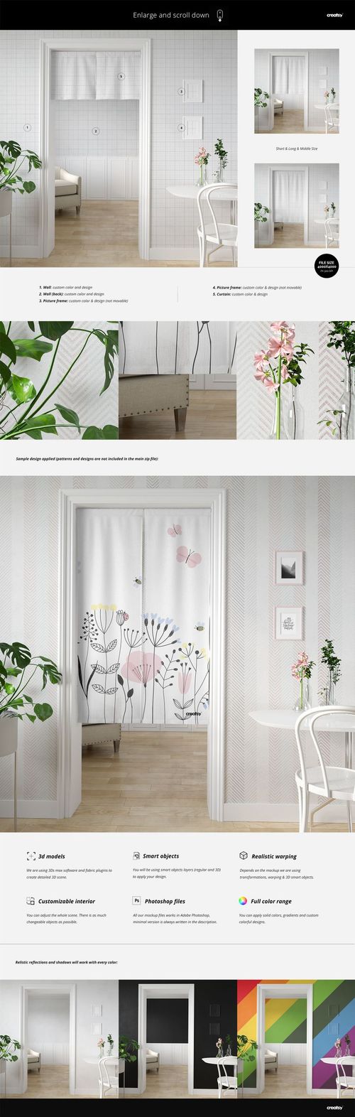 Front view of a Japanese style door curtain mockup featuring colorful flowers, set in a modern home interior.
