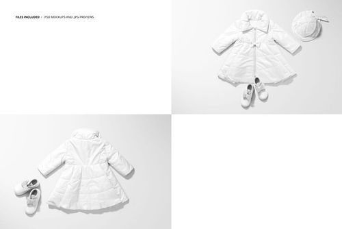 White winter baby coat mockup set displayed on a flat surface with matching shoes and a round hat in soft lighting.