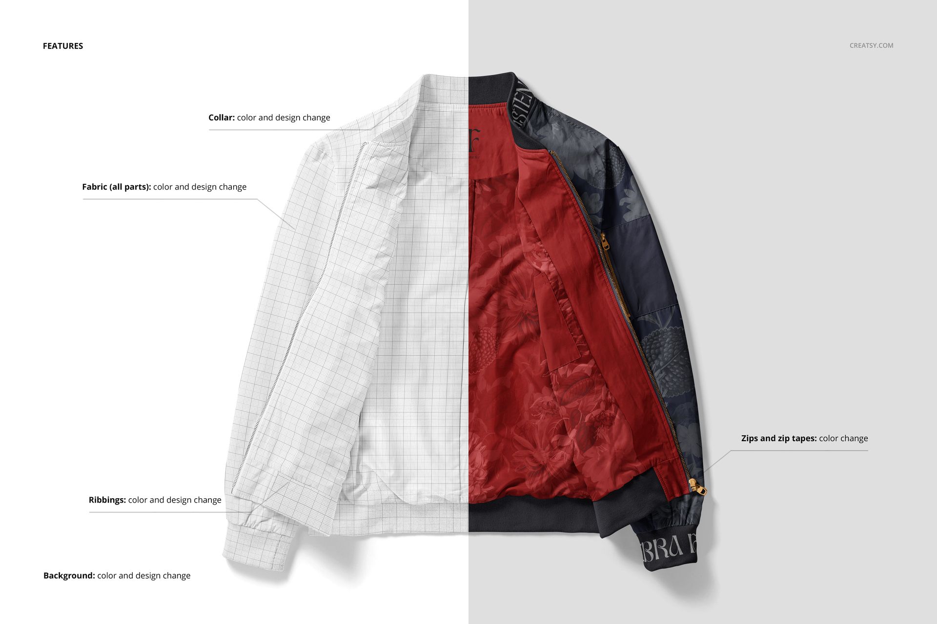 Men's bomber jacket mockup shown in a split design with one half in grid lines and the other in dark fabric with red lining.