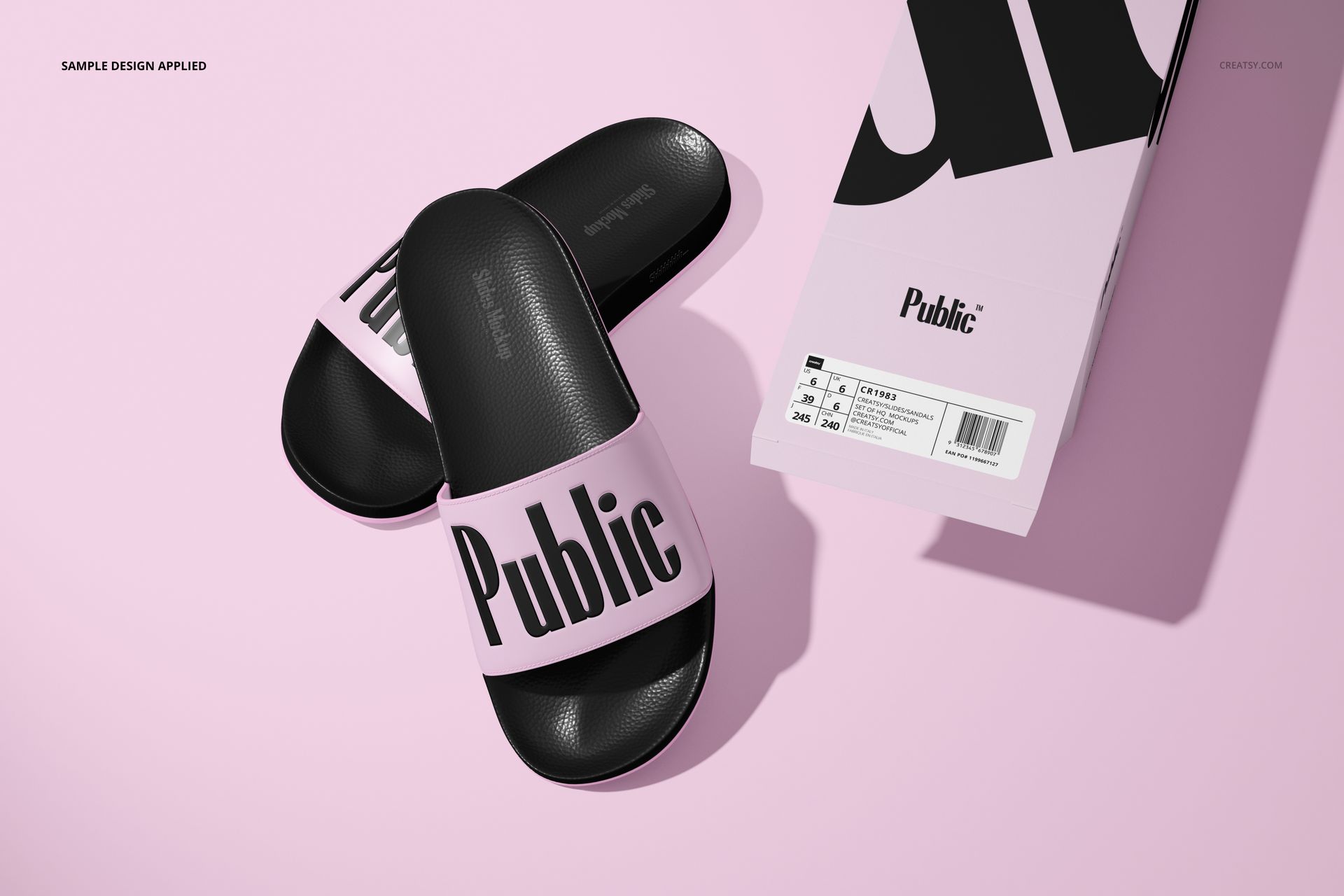 PSD mockup of slide sandals with black soles and pink straps with text, arranged with a branded shoebox on a soft pink setting.