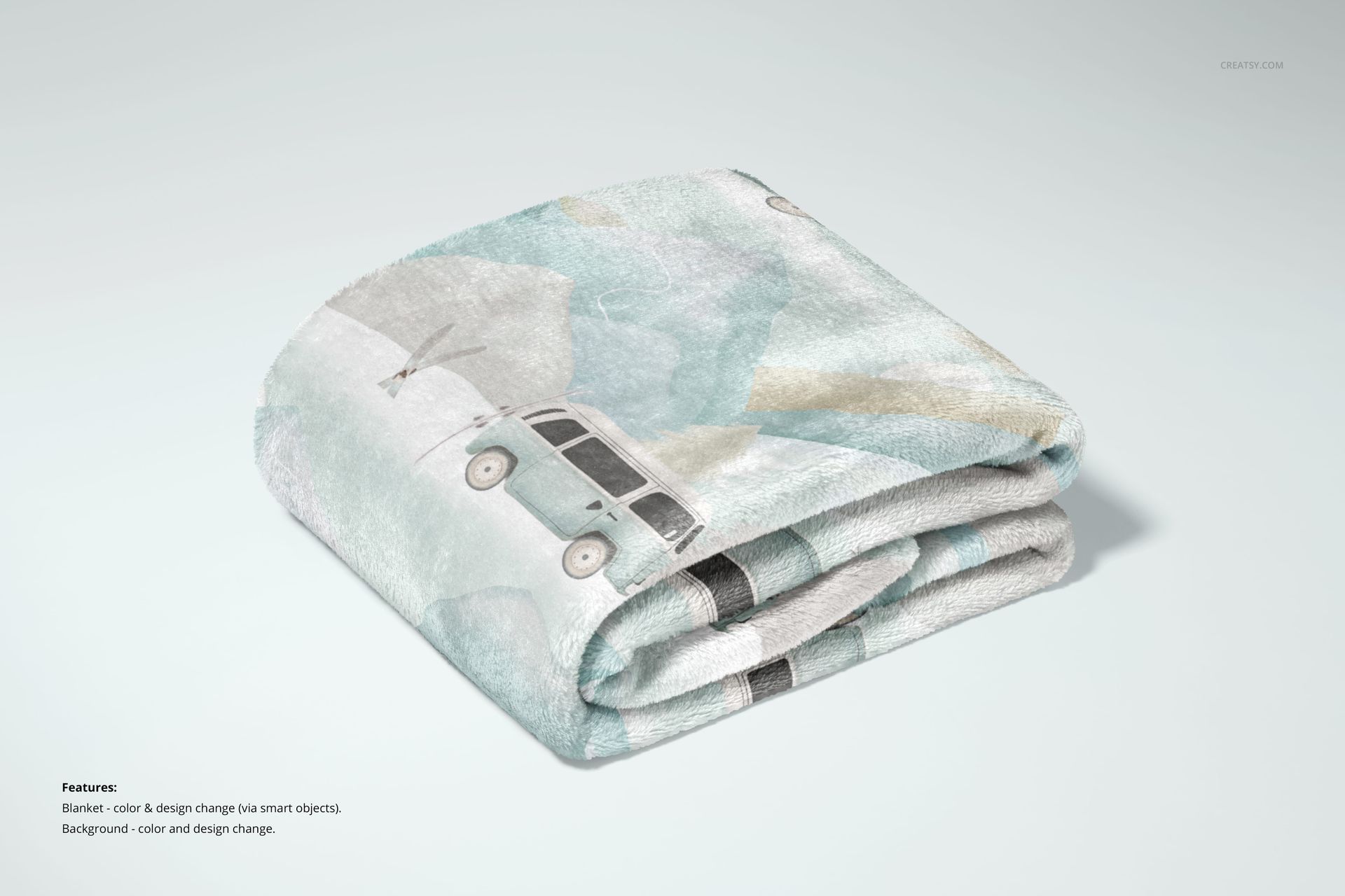 30x40 fleece blanket mockup showing a folded blanket with illustrated cars and watercolor clouds, neutral background.