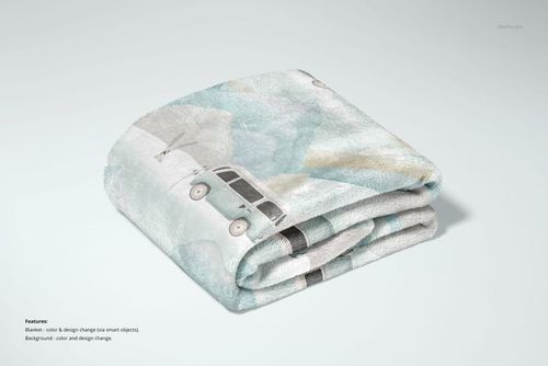 30x40 fleece blanket mockup showing a folded blanket with illustrated cars and watercolor clouds, neutral background.