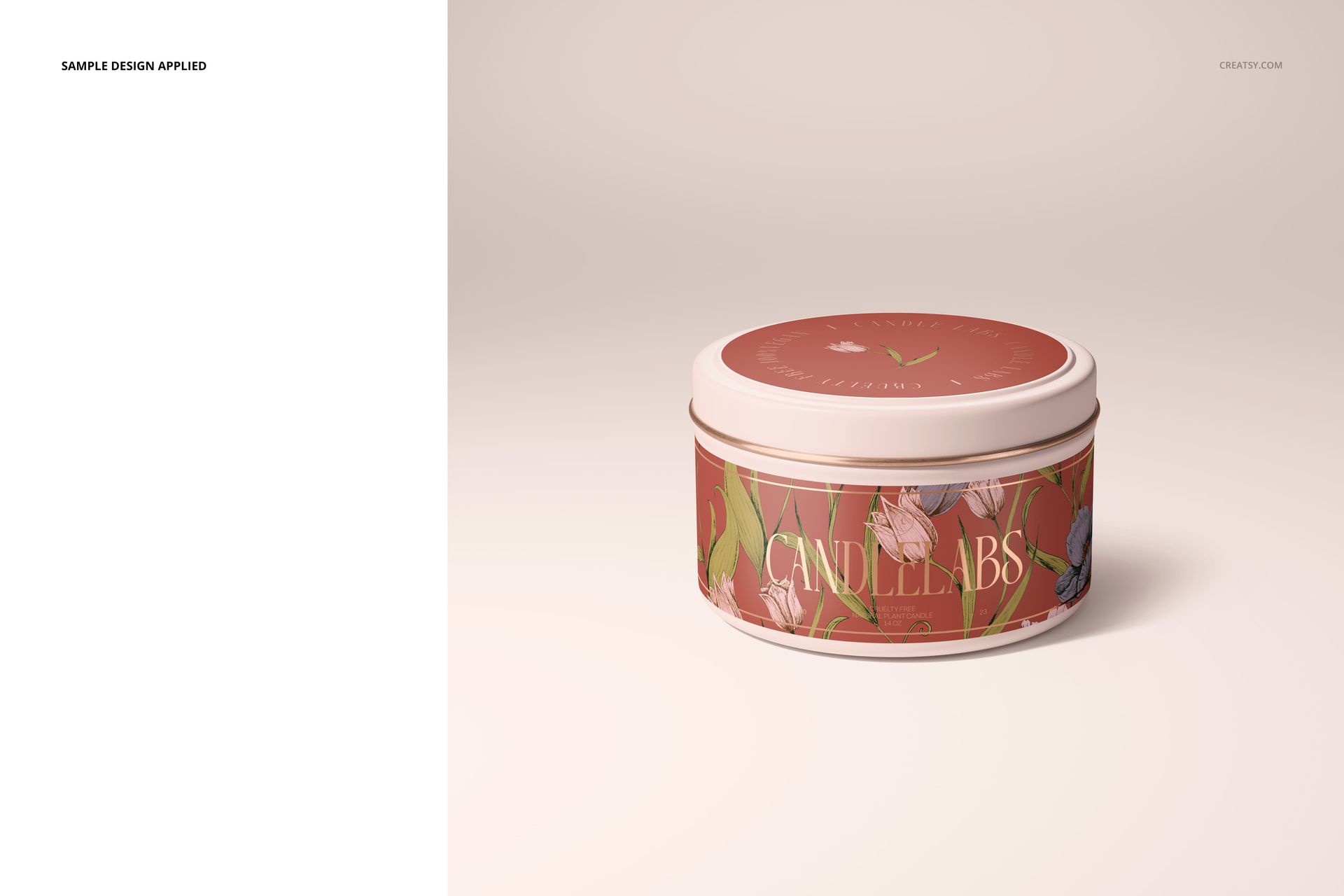 Satin finish candle tin mockup with wooden wick, decorated with colorful floral design, shown from a front angle.