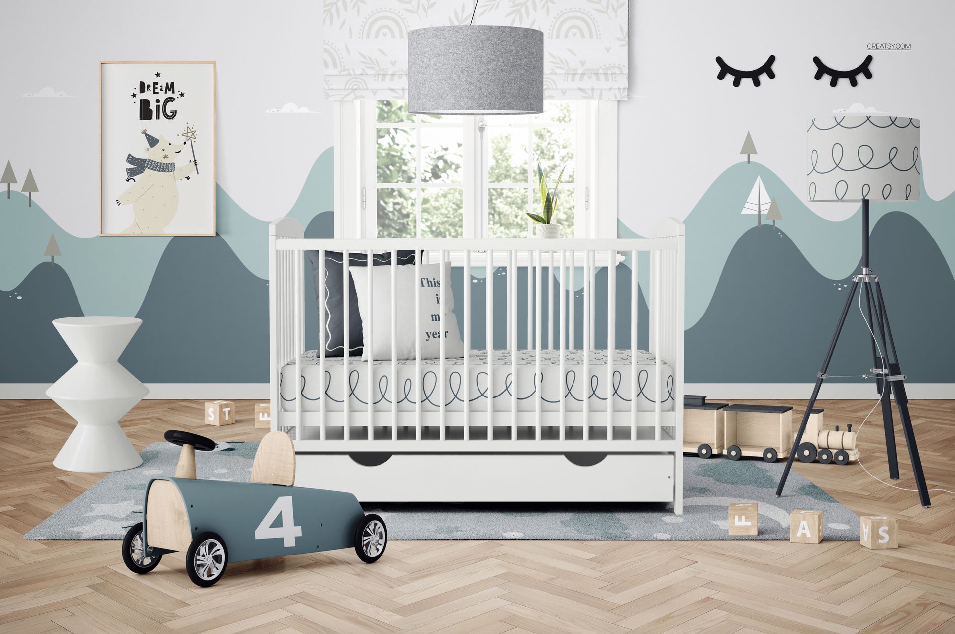 PSD mockup of a kids room with a baby crib, patterned bedding, playful wall decor, and wooden toy train.