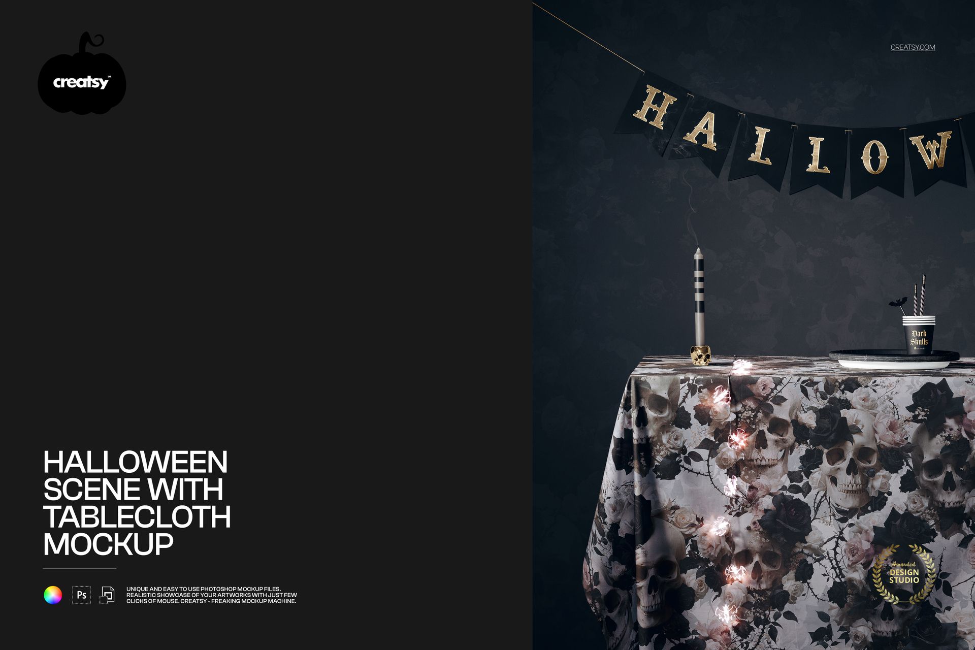 Halloween tablecloth mockup with floral pattern, bat string lights, candle, cups, and HALLOWEEN banner in a moody room.