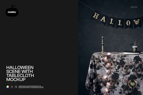 Halloween tablecloth mockup with floral pattern, bat string lights, candle, cups, and HALLOWEEN banner in a moody room.
