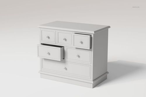 Raised panel chest of drawers in white, shown from a front angle with several drawers partially open on a plain background.
