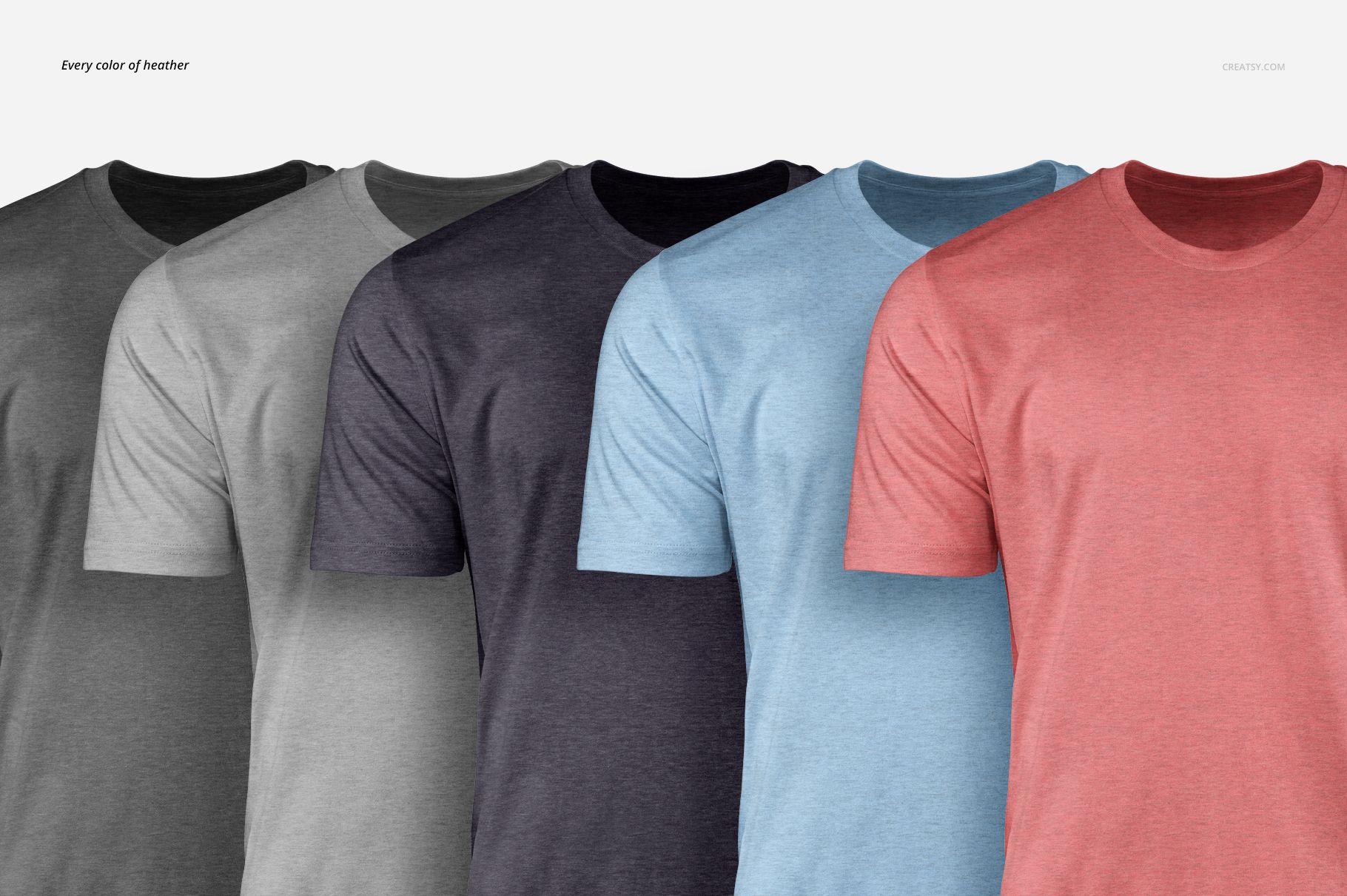 Men's t-shirt PSD mockup set featuring five shirts in assorted colors, shown from the front against a pale background.