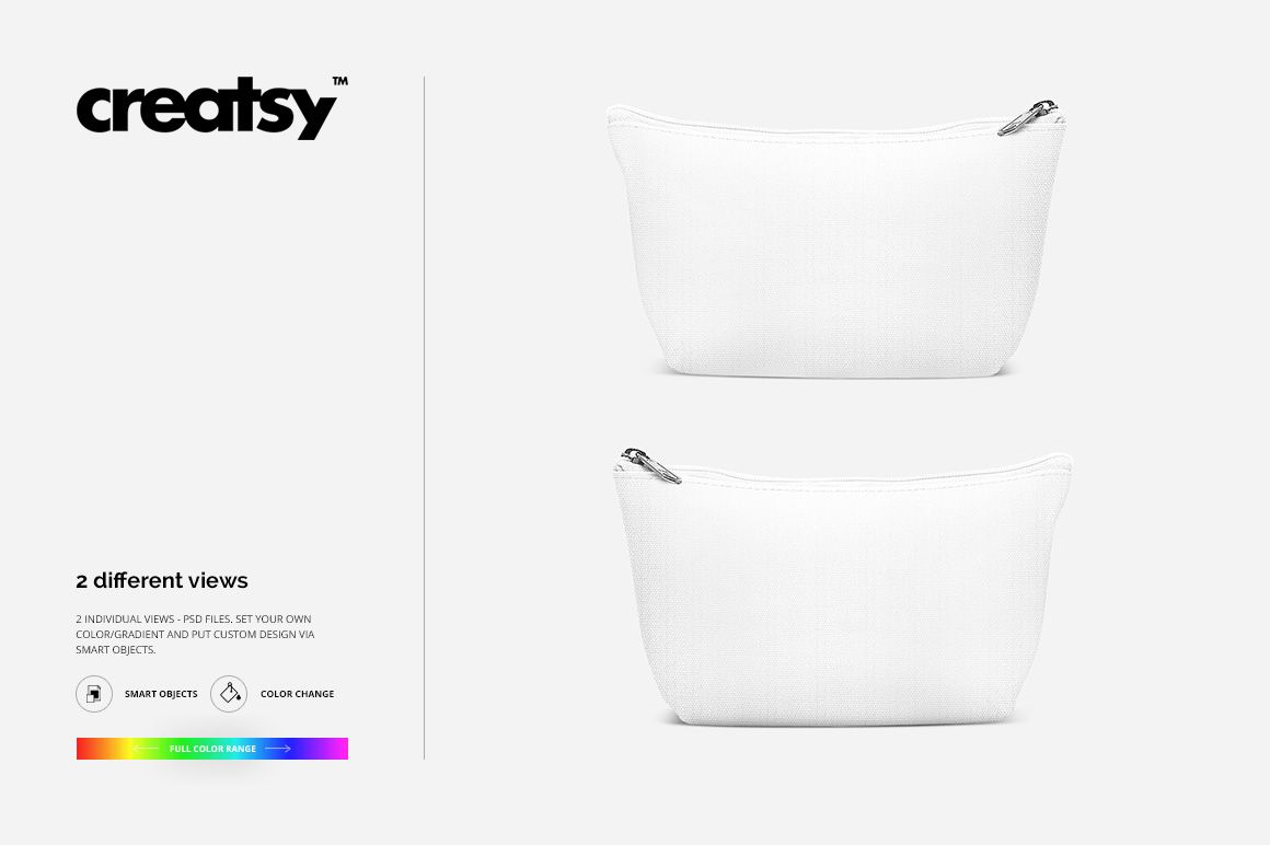 PSD mockup set featuring two plain white cosmetic pouches, each with a zipper, arranged on a light background.