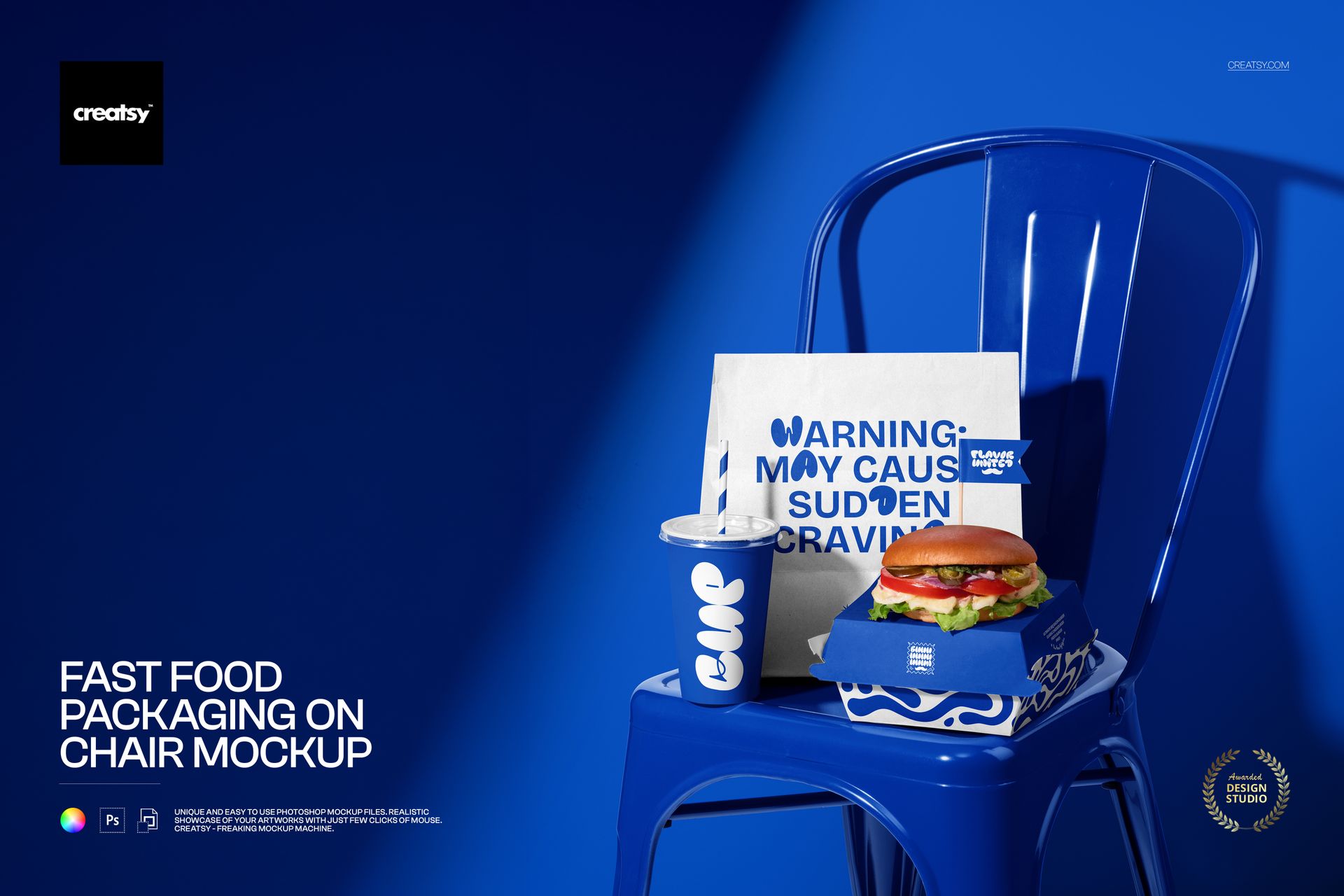 Fast food packaging mockup featuring a burger box, drink cup, and paper bag on a blue metal chair, front view.