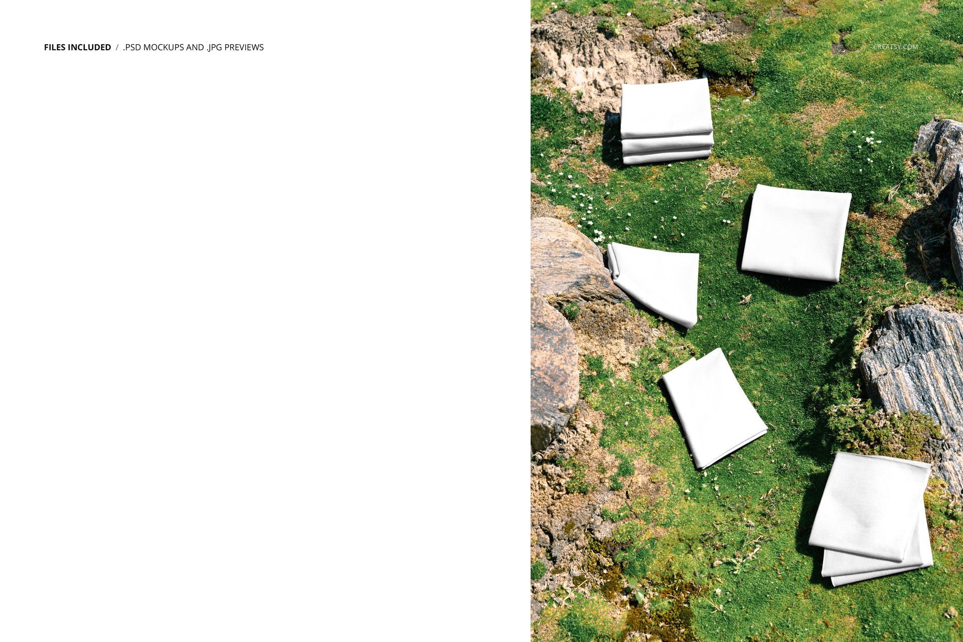 PSD mockup showing several folded fabric pieces placed on natural moss and stone background, aerial view.