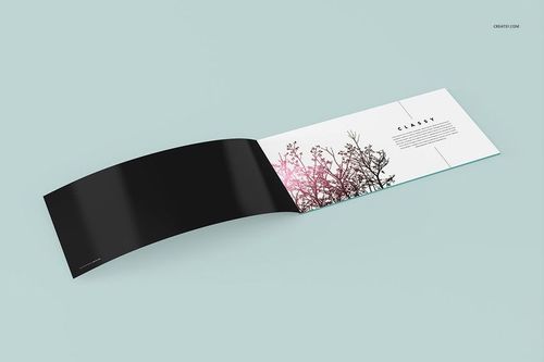 Open brochure mockup displayed on a light blue background, featuring a black cover and floral artwork inside pages.