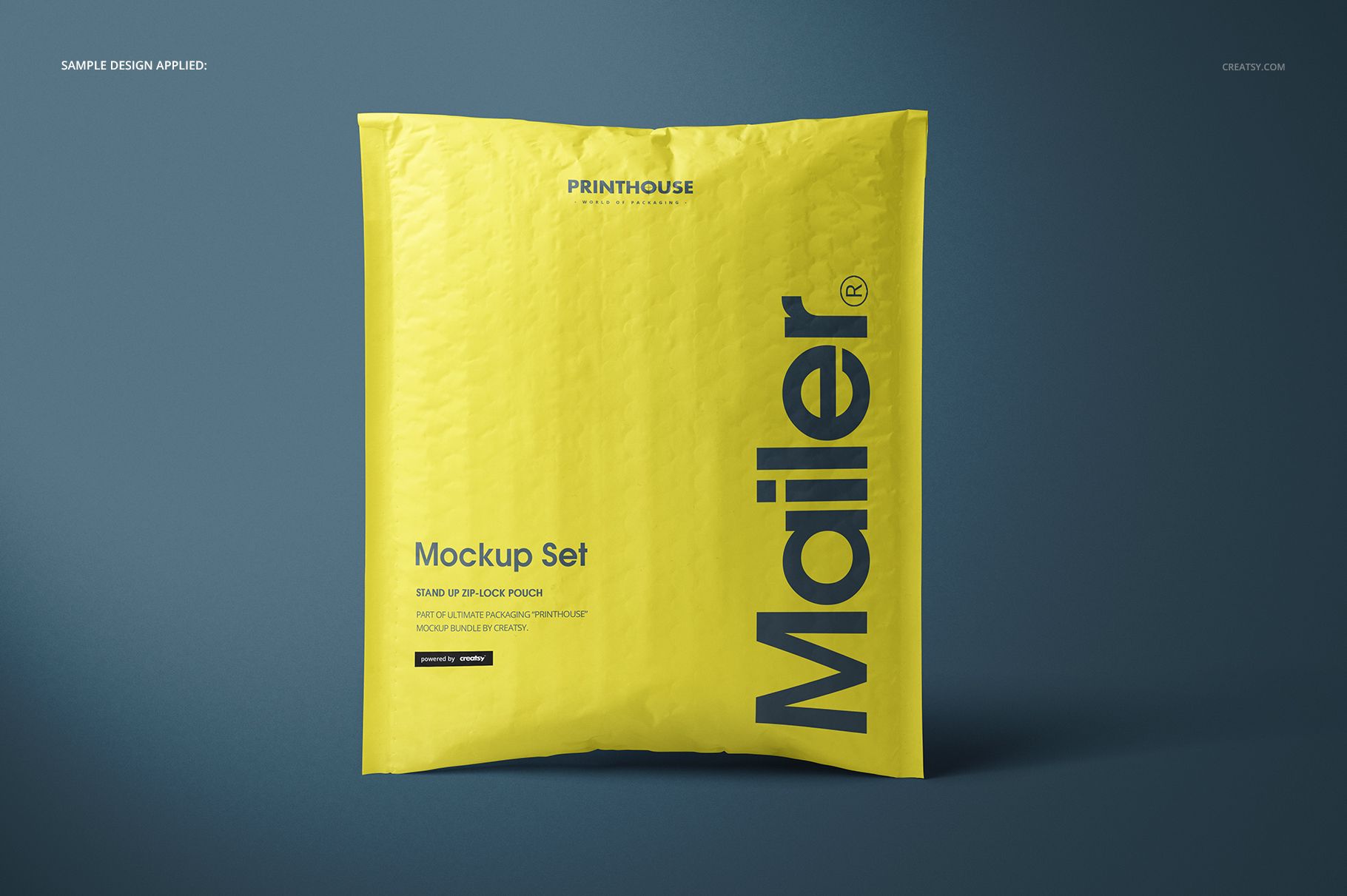 Front view of a yellow bubble mailer with bold black text, displayed on a dark blue background in a packaging mockup.
