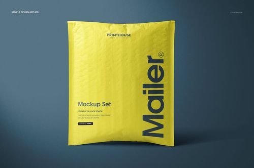 Front view of a yellow bubble mailer with bold black text, displayed on a dark blue background in a packaging mockup.