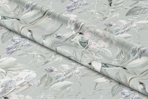 Botanical-themed curtains fabric mockup featuring delicate floral and leaf designs in pastel colors, front perspective.