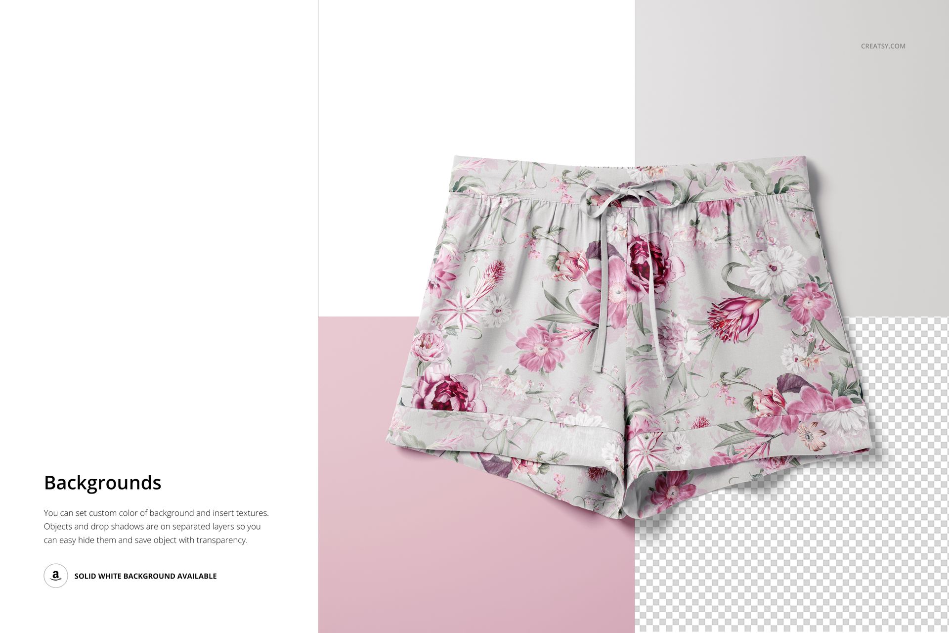 Front view of short silk pajama mockup with a floral pattern, displayed on a split white and pink background.
