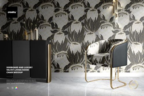 Front view of a modern sideboard and luxury velvet chair with gold accents in a living room mockup scene.