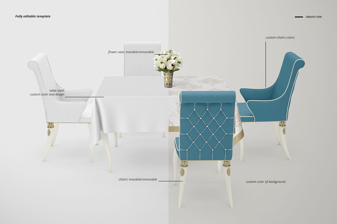 Rectangular tablecloth mockup on a dining table with four chairs, split background showing white and blue color options.