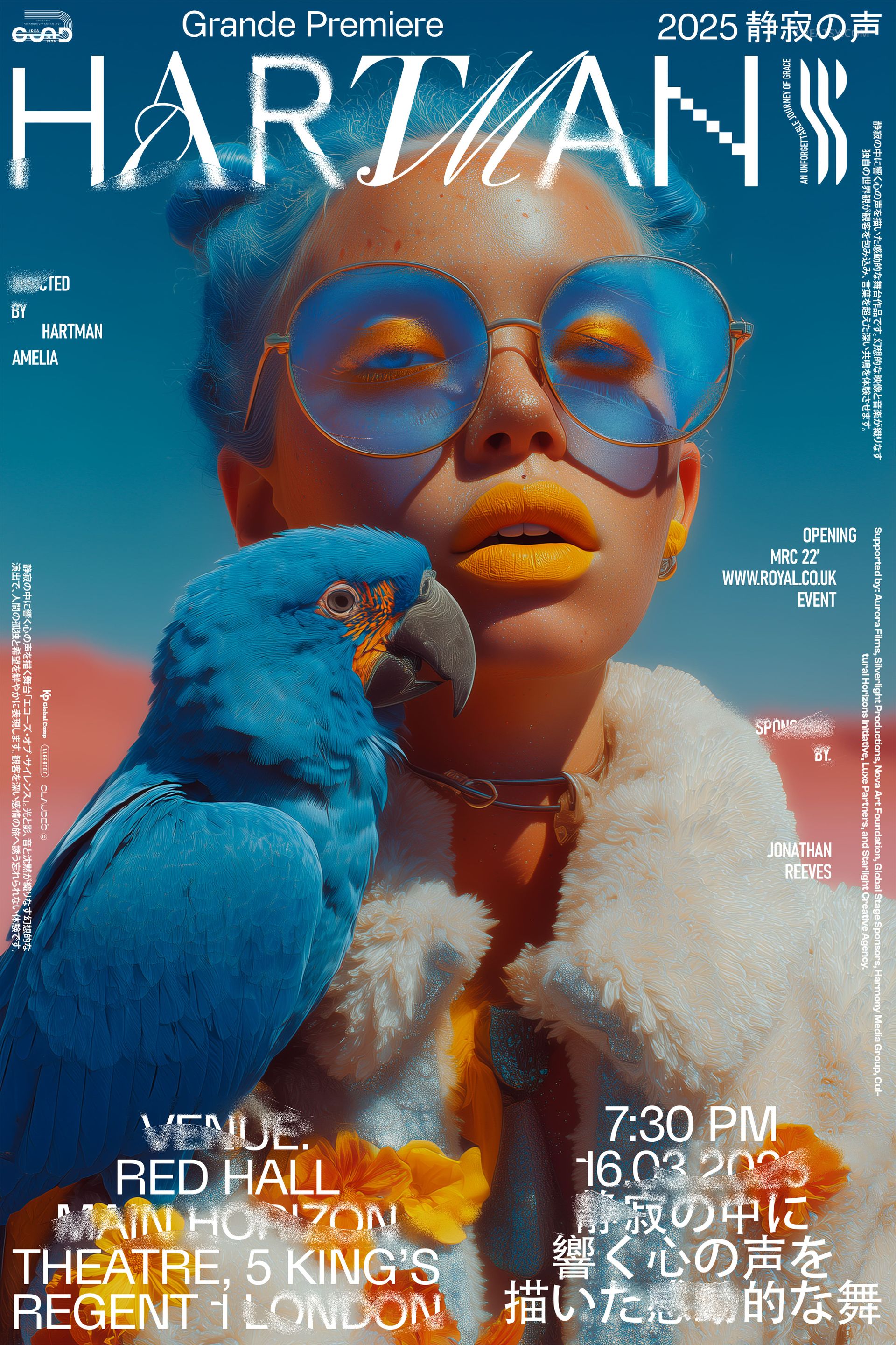 Front view of a poster mockup featuring a vibrant blue parrot perched on a person's arm, with bold text overlays.