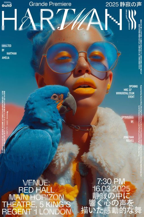 Front view of a poster mockup featuring a vibrant blue parrot perched on a person's arm, with bold text overlays.