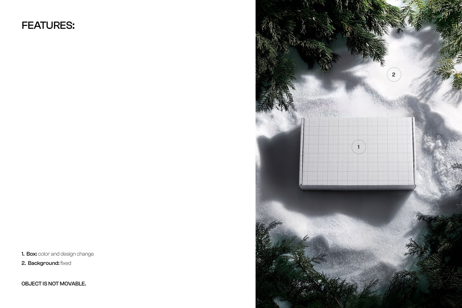 Top view of a white mailing box mockup lying on snowy ground with pine tree branches around the edges.
