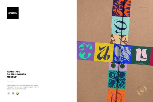 Front view of a mailing box with colorful patterned paper tape arranged in a cross shape, shown in a mockup scene.